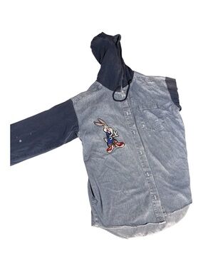 Vintage Denim Button-Up Shirt with Navy Hoodie & Bugs Bunny Patch